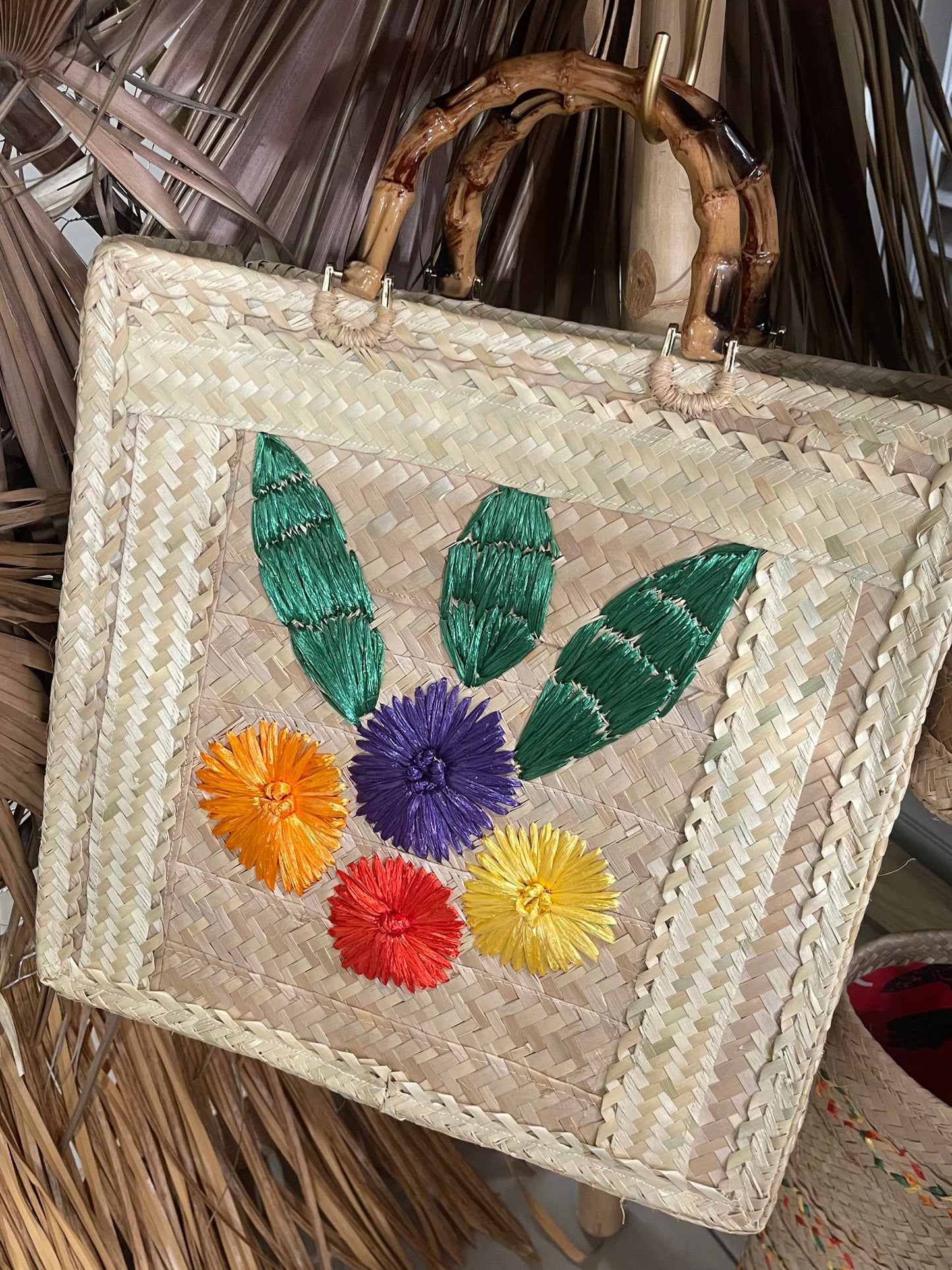 Bloom silver thatch tote with bamboo handle