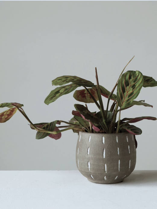 grey planter with hand-painted lines