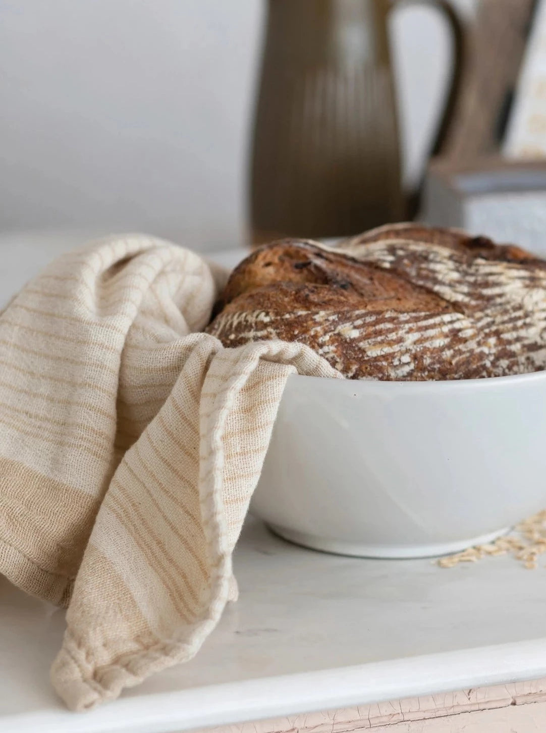 beige striped tea towels, set of 2