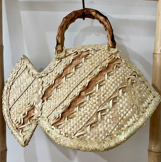Fish Shaped Thatch Tote with bamboo handles