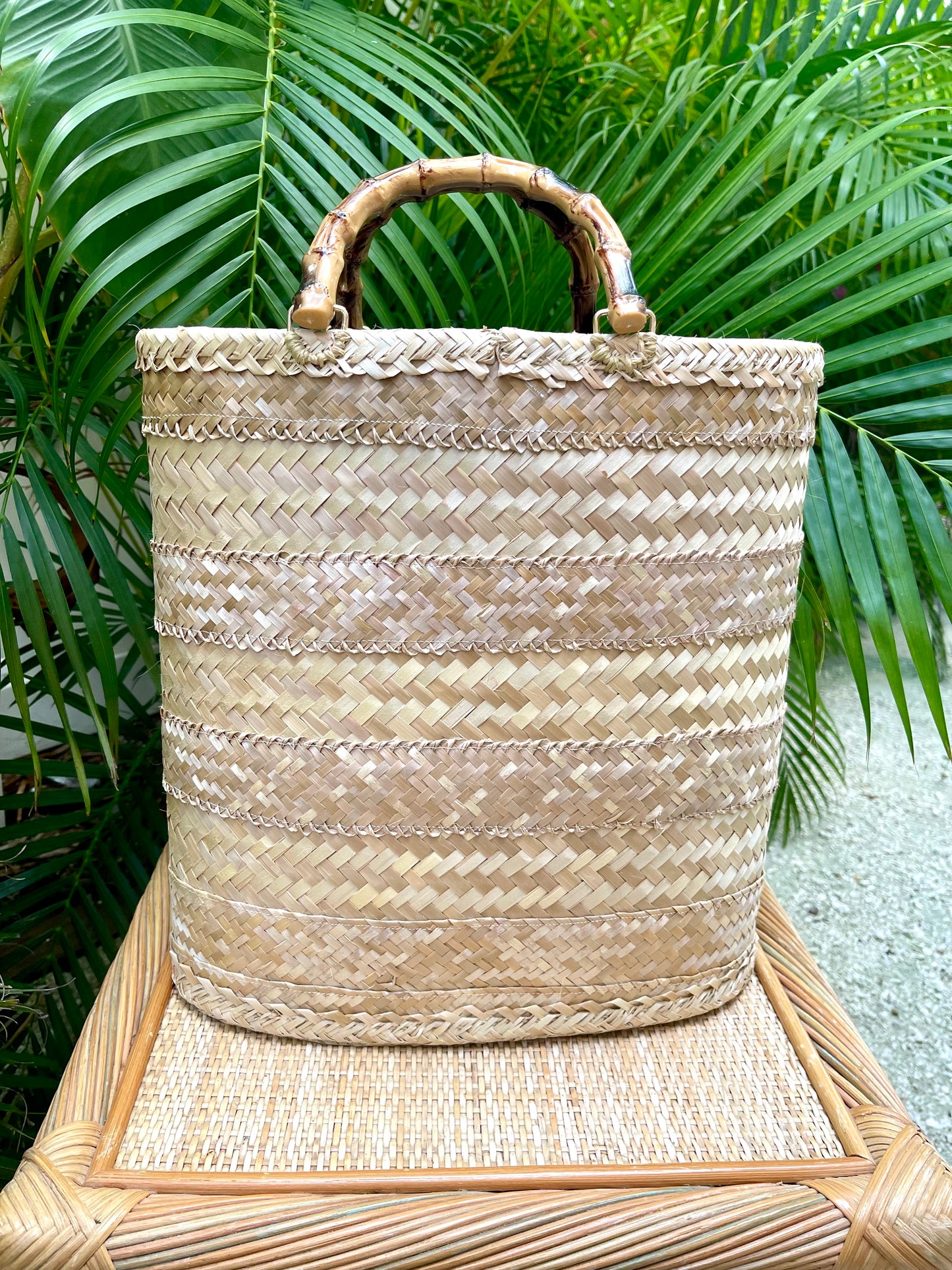 Islander Silver Thatch Tote with bamboo handles
