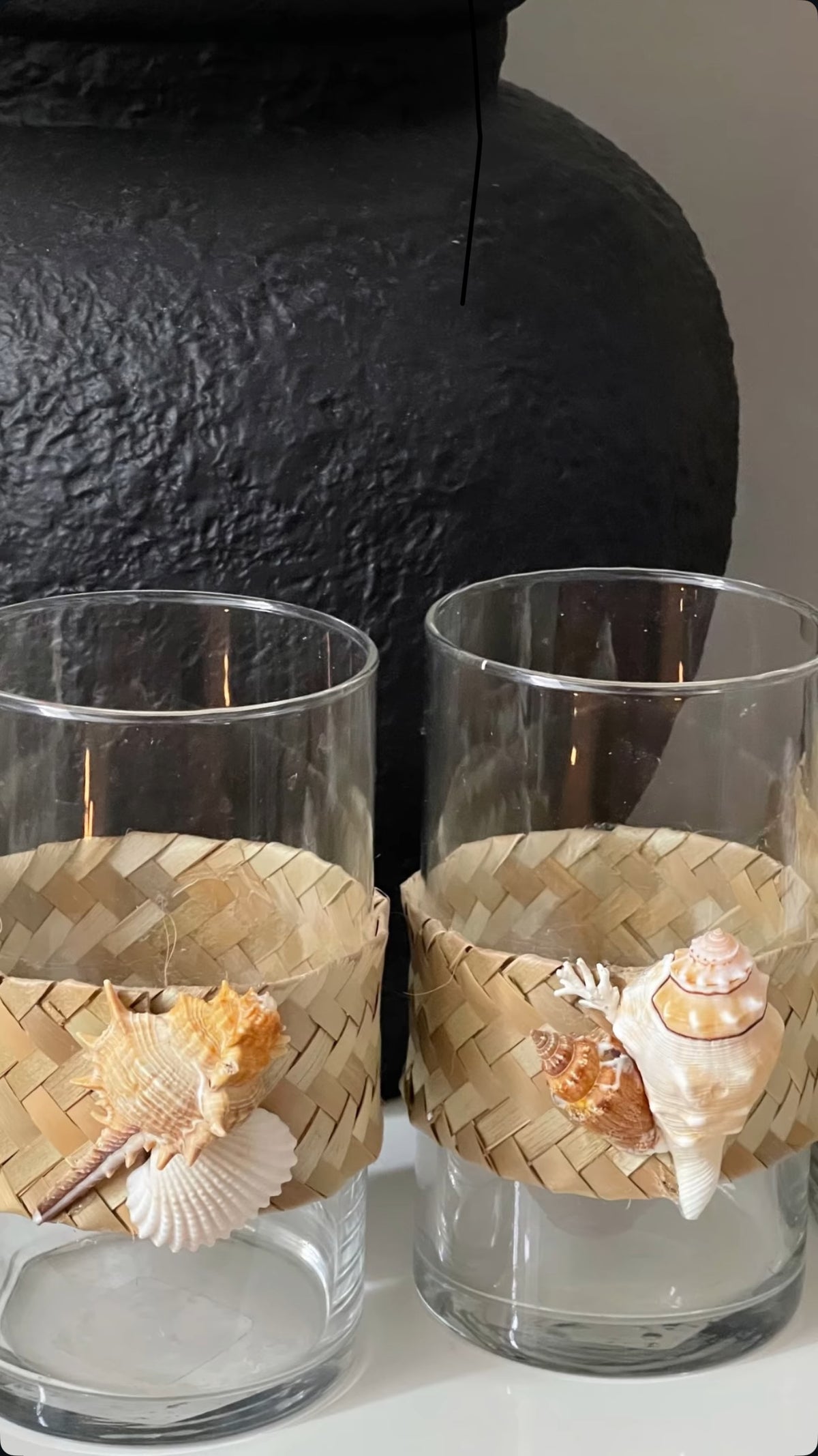 Glass candle holder with shells  + silver thatch - pair