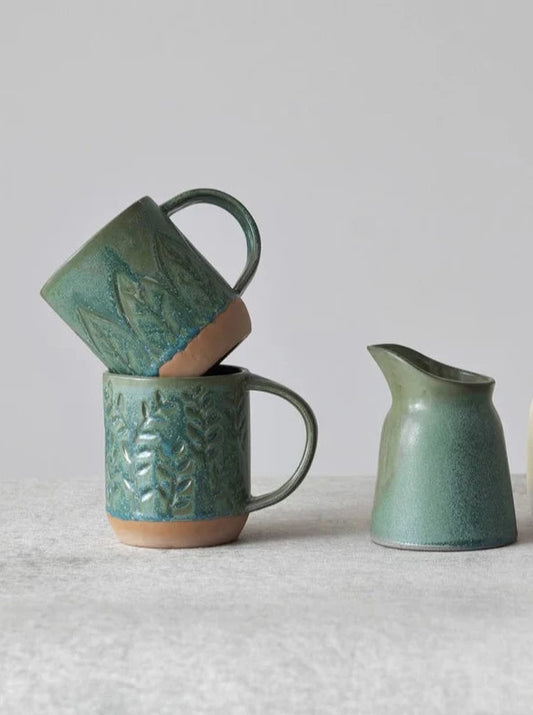 green debossed stoneware mug