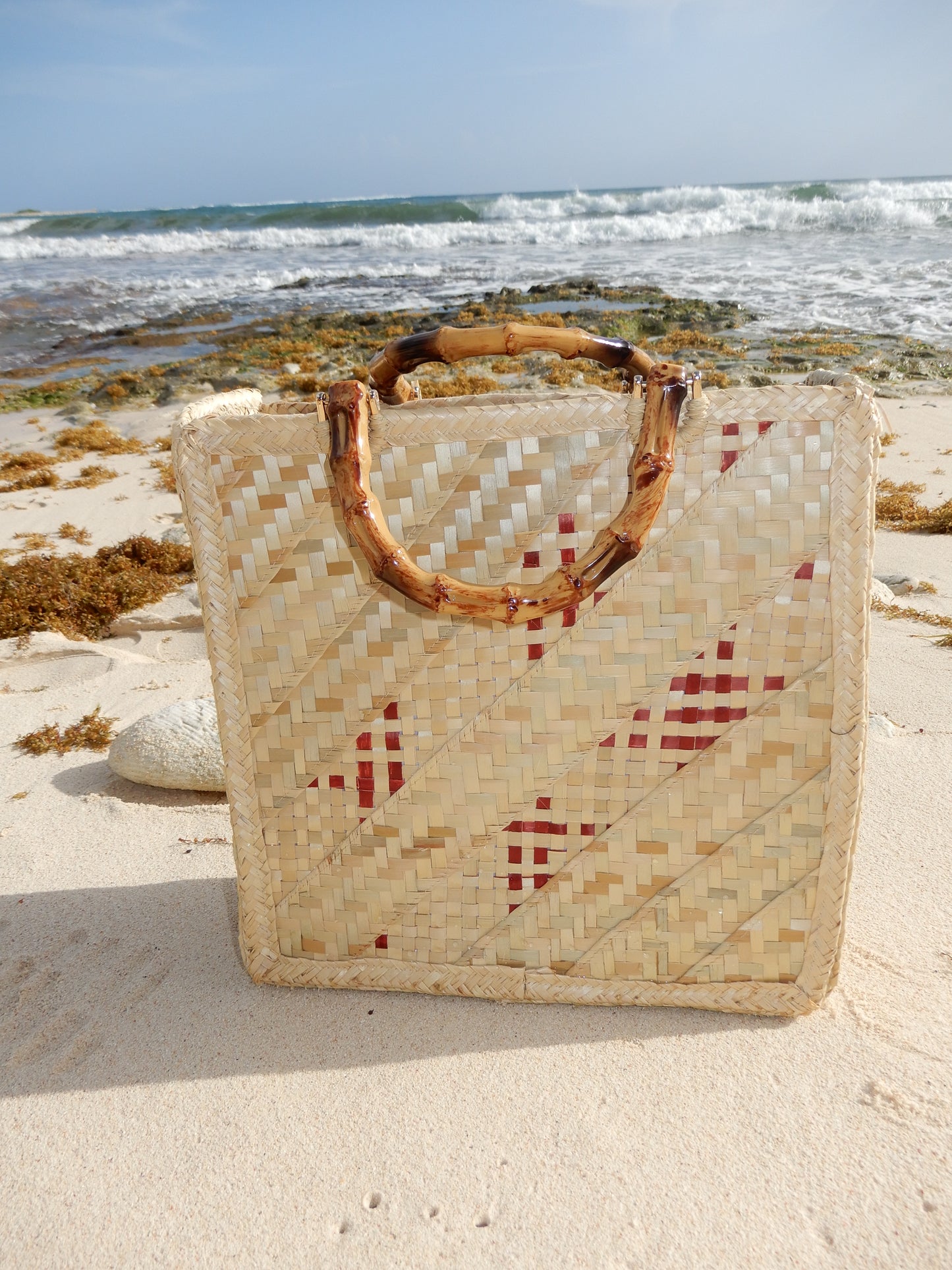 The Joanie silver thatch tote with bamboo handle