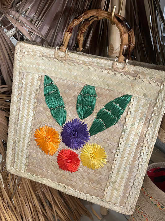 Bloom silver thatch tote with bamboo handle