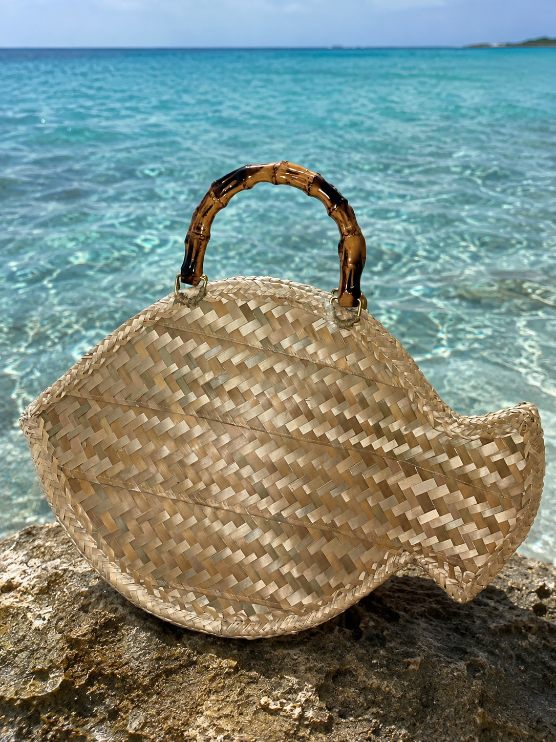 Fish Shaped Thatch Tote with bamboo handles