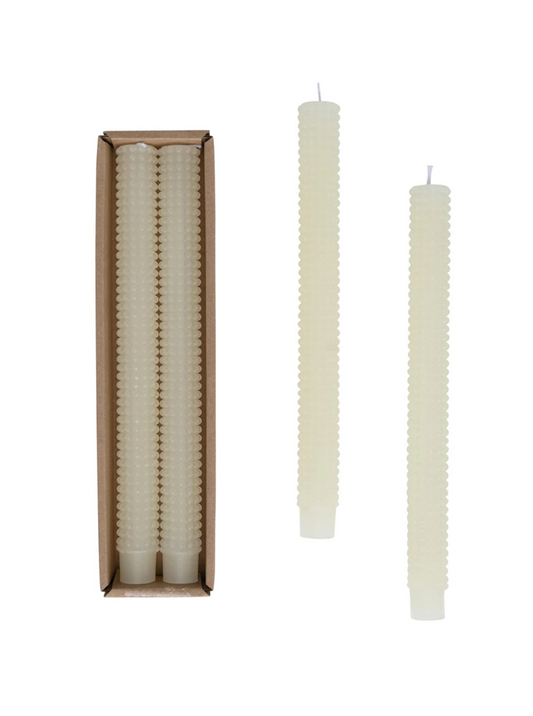 cream hobnail taper candles, set of 2
