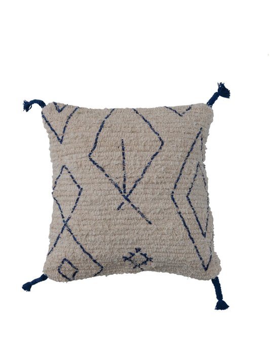 tufted pillow w/ blue geometric design