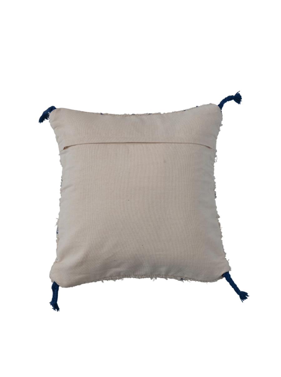 tufted pillow w/ blue geometric design