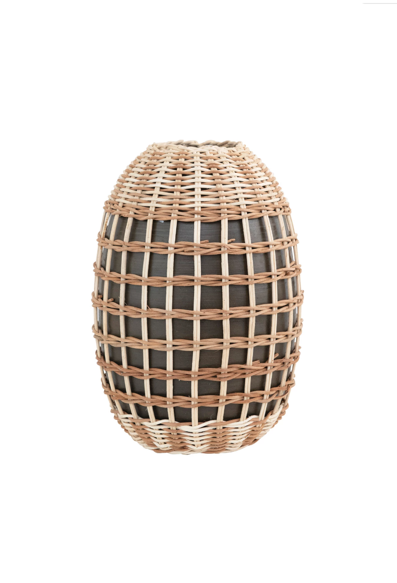 hand woven seagrass and bamboo wrapped vase