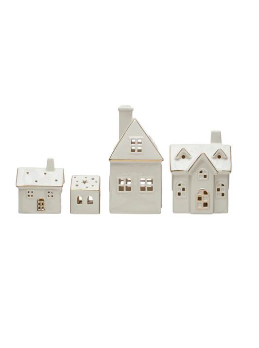 stoneware village with LED lights, set of 4