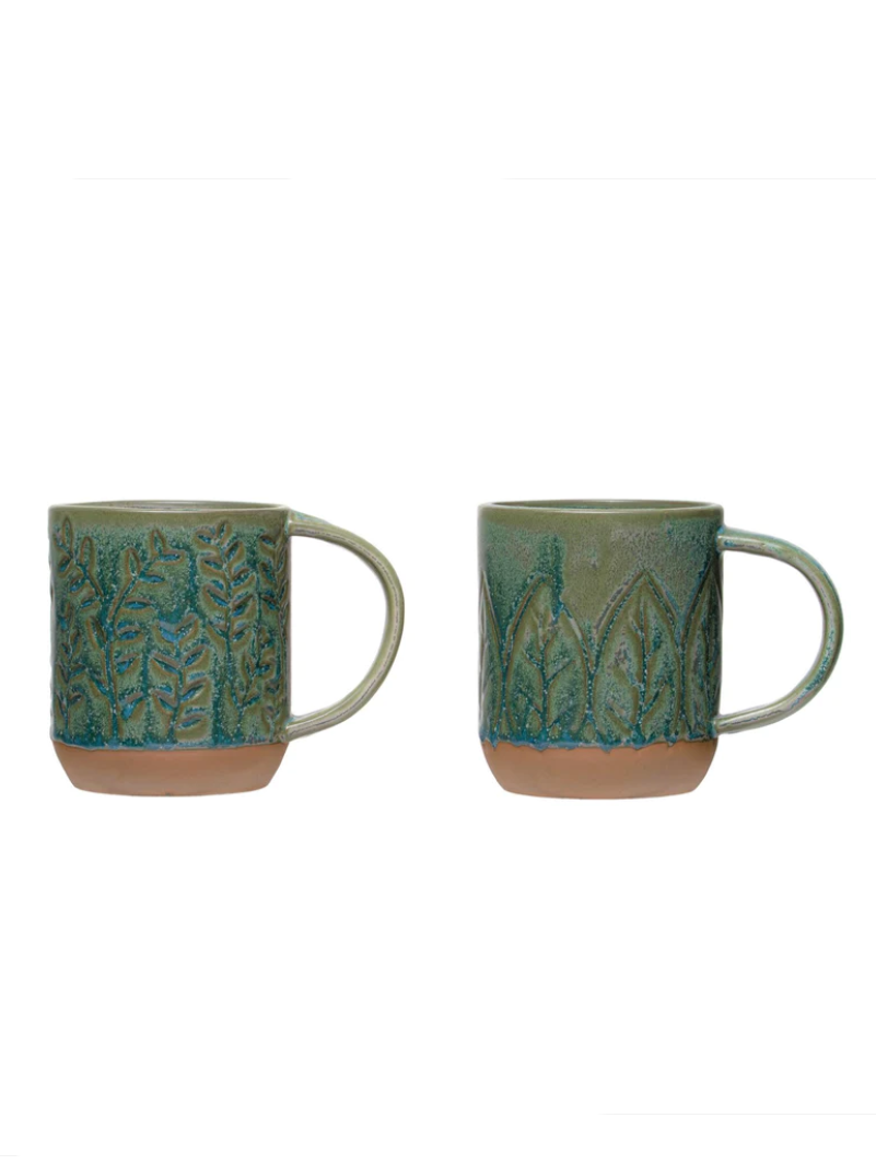 green debossed stoneware mug
