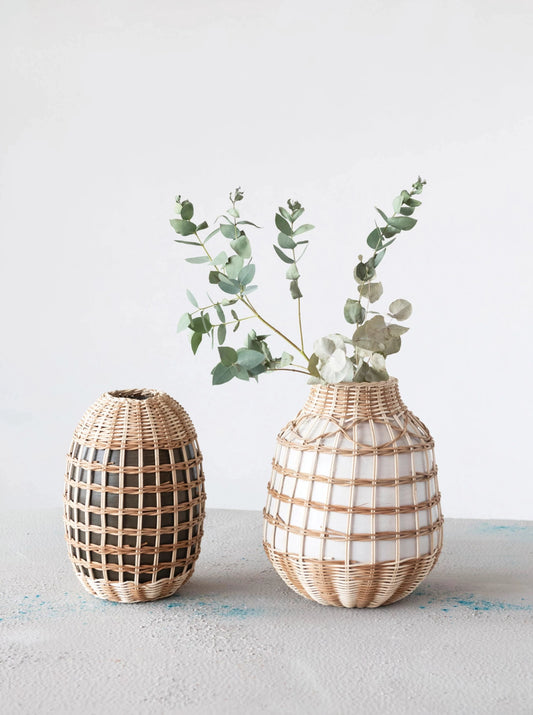 hand woven seagrass and bamboo wrapped vase